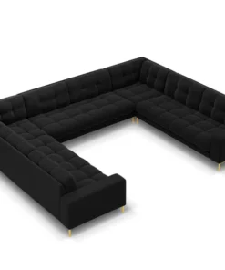 SOFA PANORAMICZNA 9-osobowa z przeszywanym siedziskiem na metalowych nogach, aksamitna tapicerka do wyboru, czarny-złoty, piękna