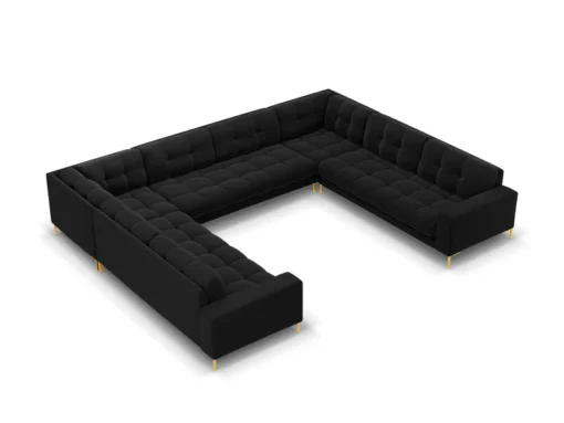 SOFA PANORAMICZNA 9-osobowa z przeszywanym siedziskiem na metalowych nogach, aksamitna tapicerka do wyboru, czarny-złoty, piękna