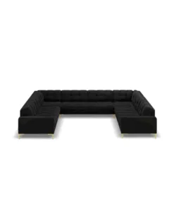 SOFA PANORAMICZNA 9-osobowa z przeszywanym siedziskiem na metalowych nogach, aksamitna tapicerka do wyboru, czarny-złoty