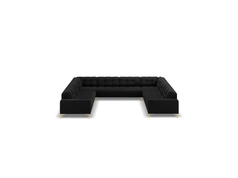 SOFA PANORAMICZNA 9-osobowa z przeszywanym siedziskiem na metalowych nogach, aksamitna tapicerka do wyboru, czarny-złoty