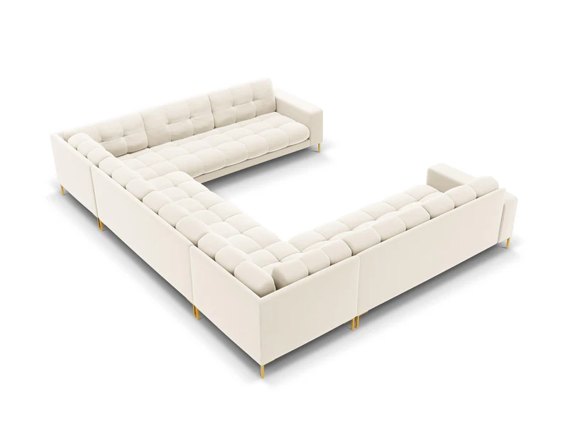 SOFA PANORAMICZNA 9-osobowa z przeszywanym siedziskiem na metalowych nogach, aksamitna tapicerka do wyboru, jasnobeżowy-złoty, ekskluzywna SOFA PANORAMICZNA 9-osobowa z przeszywanym siedziskiem na metalowych nogach, aksamitna tapicerka do wyboru, jasnobeżowy-złoty, ekskluzywna