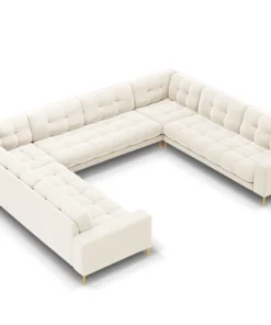 SOFA PANORAMICZNA 9-osobowa z przeszywanym siedziskiem na metalowych nogach, aksamitna tapicerka do wyboru, jasnobeżowy-złoty, piękna