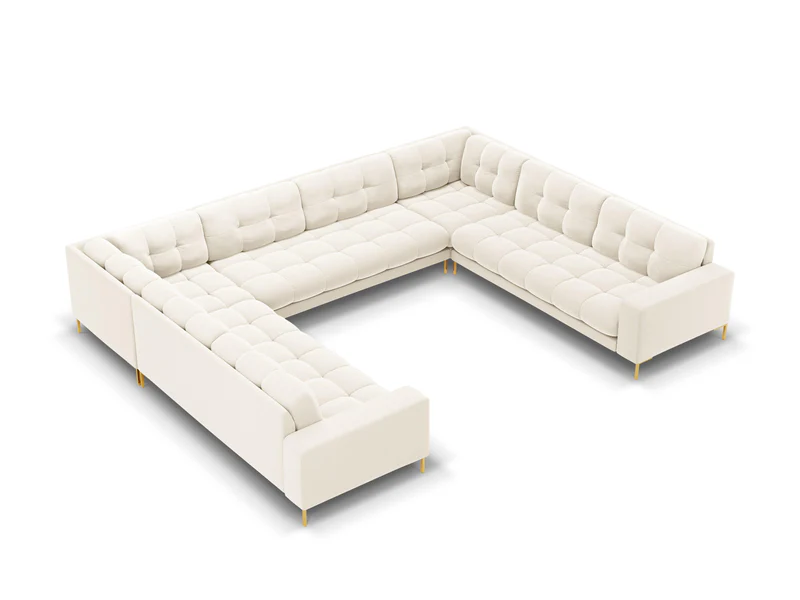 SOFA PANORAMICZNA 9-osobowa z przeszywanym siedziskiem na metalowych nogach, aksamitna tapicerka do wyboru, jasnobeżowy-złoty, piękna SOFA PANORAMICZNA 9-osobowa z przeszywanym siedziskiem na metalowych nogach, aksamitna tapicerka do wyboru, jasnobeżowy-złoty, piękna