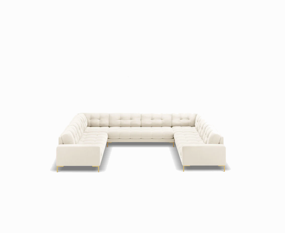 SOFA PANORAMICZNA 9-osobowa z przeszywanym siedziskiem na metalowych nogach, aksamitna tapicerka do wyboru, jasnobeżowy-złoty SOFA PANORAMICZNA 9-osobowa z przeszywanym siedziskiem na metalowych nogach, aksamitna tapicerka do wyboru, jasnobeżowy-złoty