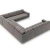 SOFA PANORAMICZNA 9-osobowa z przeszywanym siedziskiem na metalowych nogach, aksamitna tapicerka do wyboru, jasnoszary-złoty, ekskluzywna