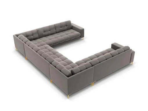 SOFA PANORAMICZNA 9-osobowa z przeszywanym siedziskiem na metalowych nogach, aksamitna tapicerka do wyboru, jasnoszary-złoty, ekskluzywna