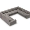 SOFA PANORAMICZNA 9-osobowa z przeszywanym siedziskiem na metalowych nogach, aksamitna tapicerka do wyboru, jasnoszary-złoty, piękna