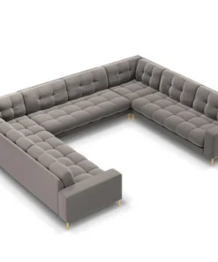 SOFA PANORAMICZNA 9-osobowa z przeszywanym siedziskiem na metalowych nogach, aksamitna tapicerka do wyboru, jasnoszary-złoty, piękna