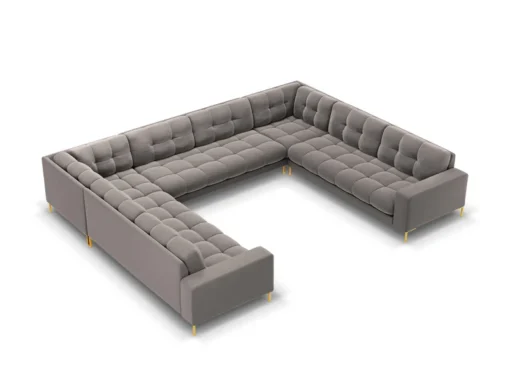 SOFA PANORAMICZNA 9-osobowa z przeszywanym siedziskiem na metalowych nogach, aksamitna tapicerka do wyboru, jasnoszary-złoty, piękna