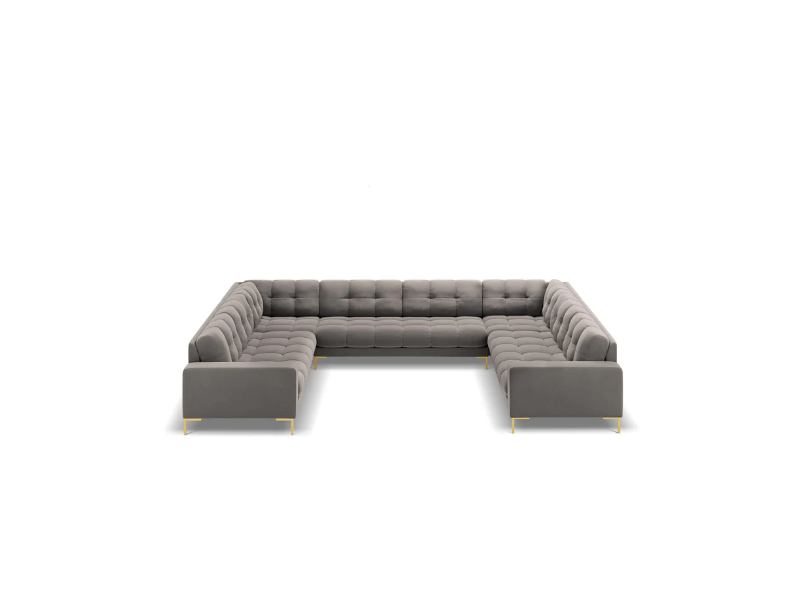 SOFA PANORAMICZNA 9-osobowa z przeszywanym siedziskiem na metalowych nogach, aksamitna tapicerka do wyboru, jasnoszary-złoty