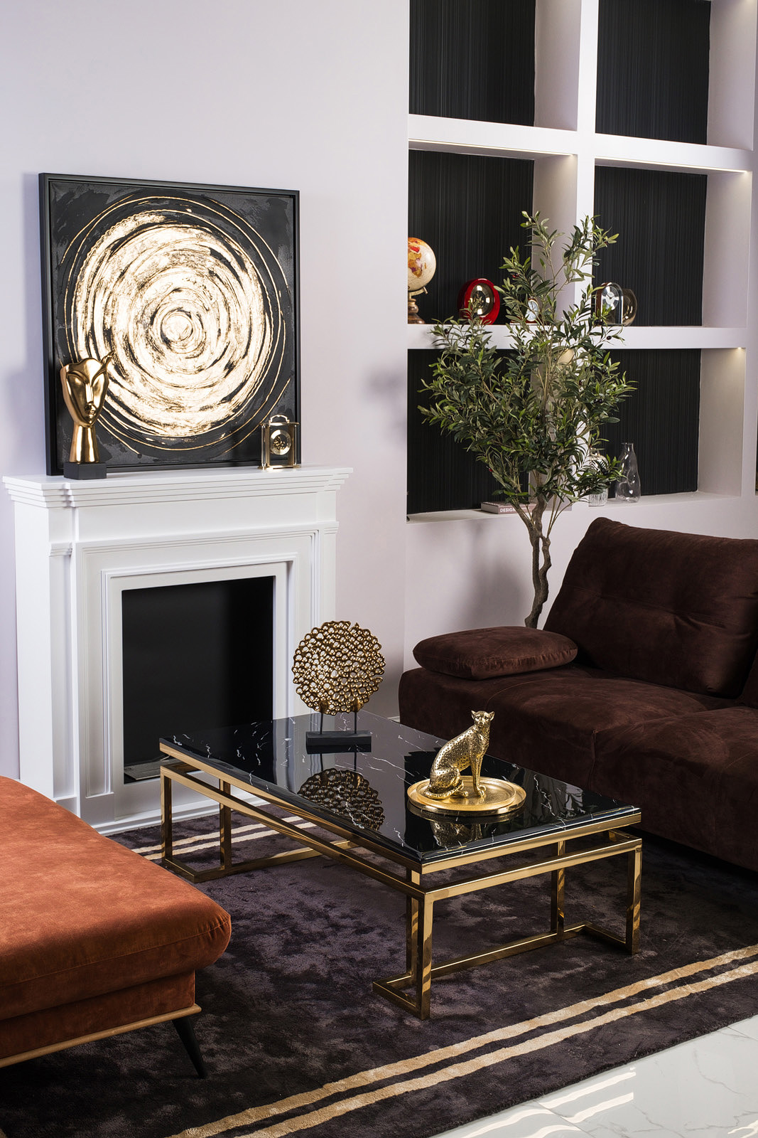 STOLIK KAWOWY CASTILLO prostokątny na złotym błyszczącym stelażu, czarny blat imitujący marmur, nowoczesny styl