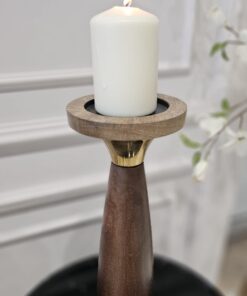 ŚWIECZNIK drewniany, brązowy z złotym metalowym detalem, klasyczny styl, piękny