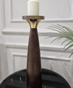 ŚWIECZNIK drewniany, brązowy z złotym metalowym detalem, klasyczny styl