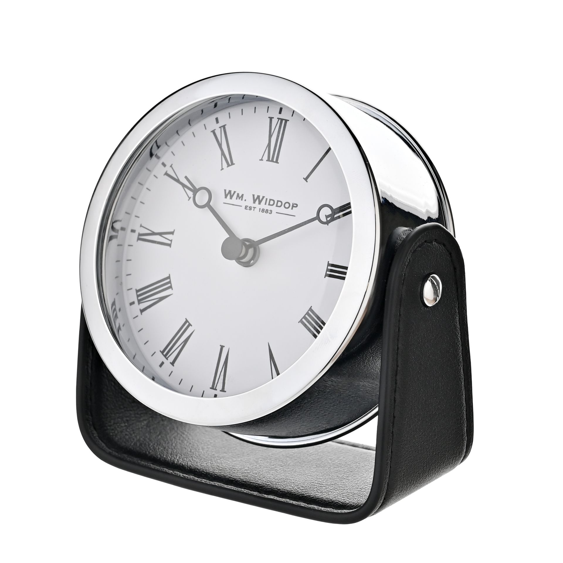 ZEGAR KOMINKOWY srebrny, na czarnym skórzanym stojaku, nowoczesny, piękny ZEGAR KOMINKOWY srebrny, na czarnym skórzanym stojaku, nowoczesny, piękny