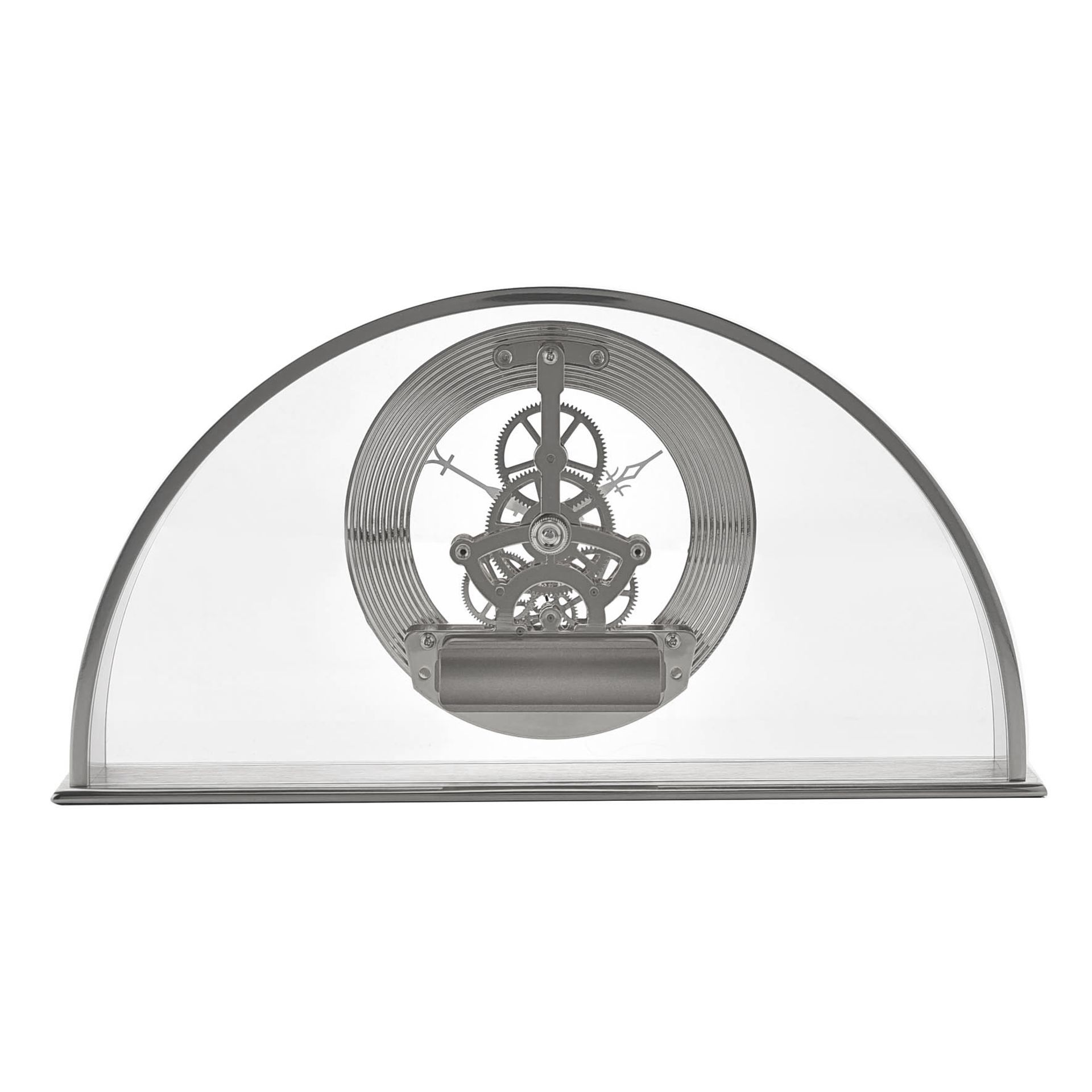 ZEGAR KOMINKOWY w kształcie półokręgu, srebrno-szklany z otwartym mechanizmem, nowoczesny, dekoracyjny ZEGAR KOMINKOWY w kształcie półokręgu, srebrno-szklany z otwartym mechanizmem, nowoczesny, dekoracyjny