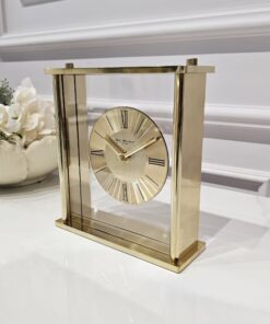 ZEGAR STOJĄCY kwadratowy, złoty metalowy stelaż, szklany panel, styl nowoczesny, piękny
