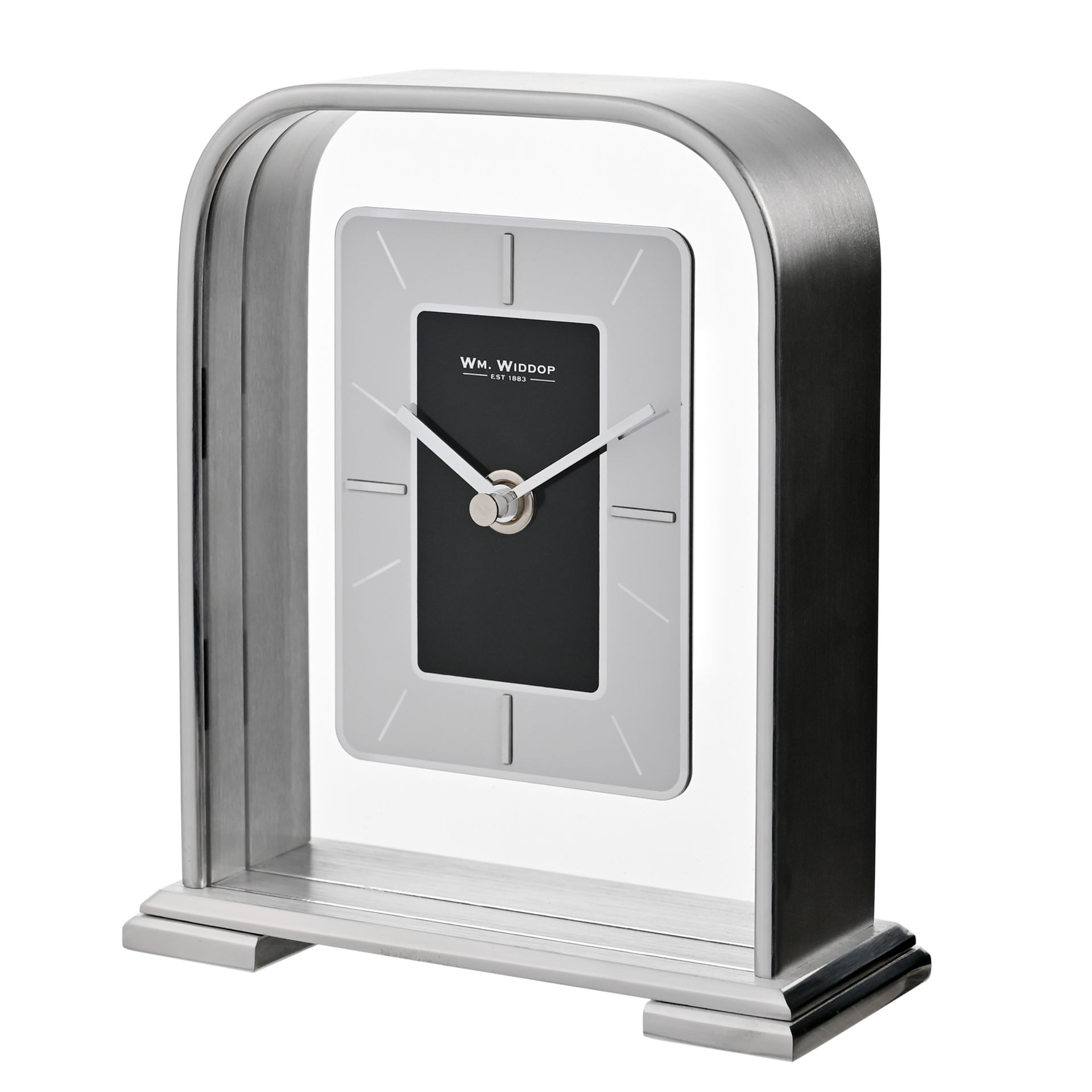 ZEGAR STOJĄCY srebrny metalowy o zaokrąglonych rogach, czarny detal, nowoczesny styl, piękny ZEGAR STOJĄCY srebrny metalowy o zaokrąglonych rogach, czarny detal, nowoczesny styl, piękny