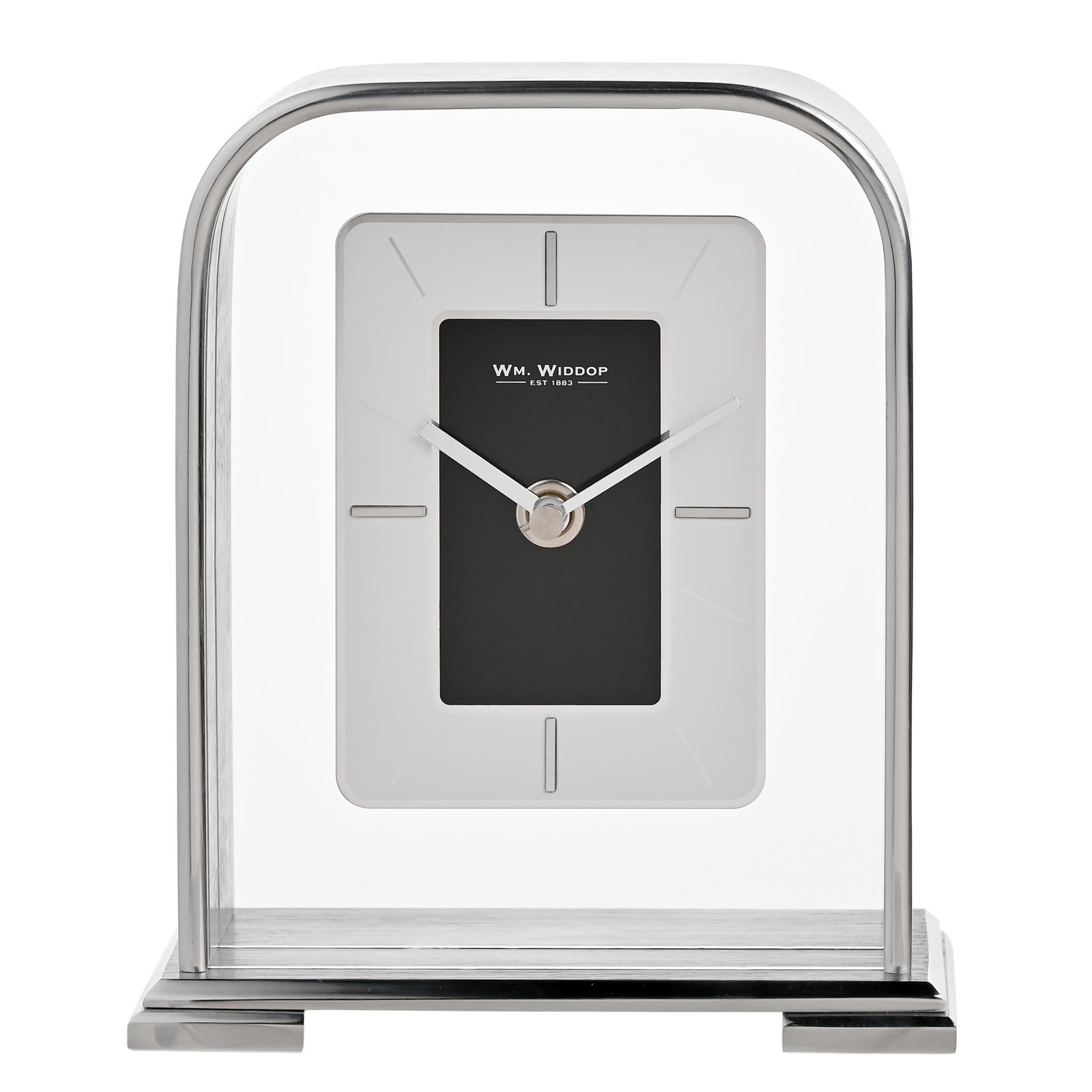 ZEGAR STOJĄCY srebrny metalowy o zaokrąglonych rogach, czarny detal, nowoczesny styl ZEGAR STOJĄCY srebrny metalowy o zaokrąglonych rogach, czarny detal, nowoczesny styl