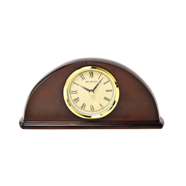ZEGAR STOJĄCY w formie półksiężyca, drewniany ciemny orzech, złote metalowe dodatki, klasyczny styl ZEGAR STOJĄCY w formie półksiężyca, drewniany ciemny orzech, złote metalowe dodatki, klasyczny styl