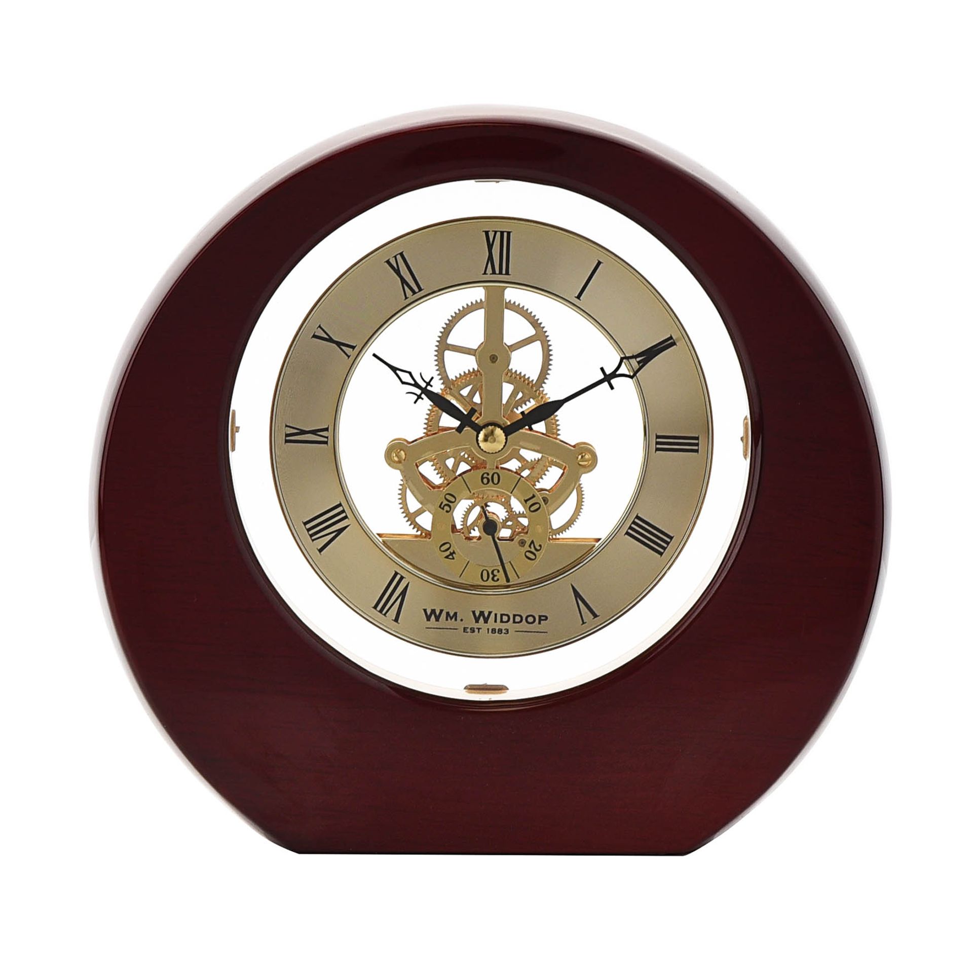 ZEGAR STOJĄCY z drewna fortepianowego, złota tarcz z w widocznym mechanizmem, klasyczny