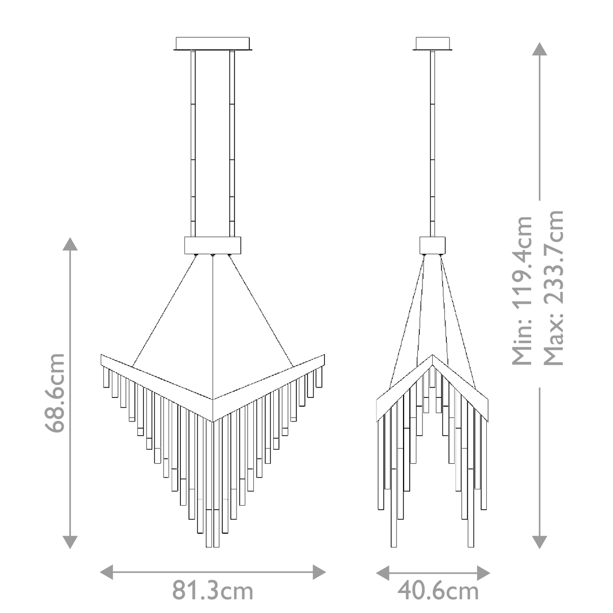 ŻYRANDOL VIVIEN w kształcie litery V, z matowo złotym detalem i akrylowymi rurkami, nowoczesny design, wymiary ŻYRANDOL VIVIEN w kształcie litery V, z matowo złotym detalem i akrylowymi rurkami, nowoczesny design, wymiary