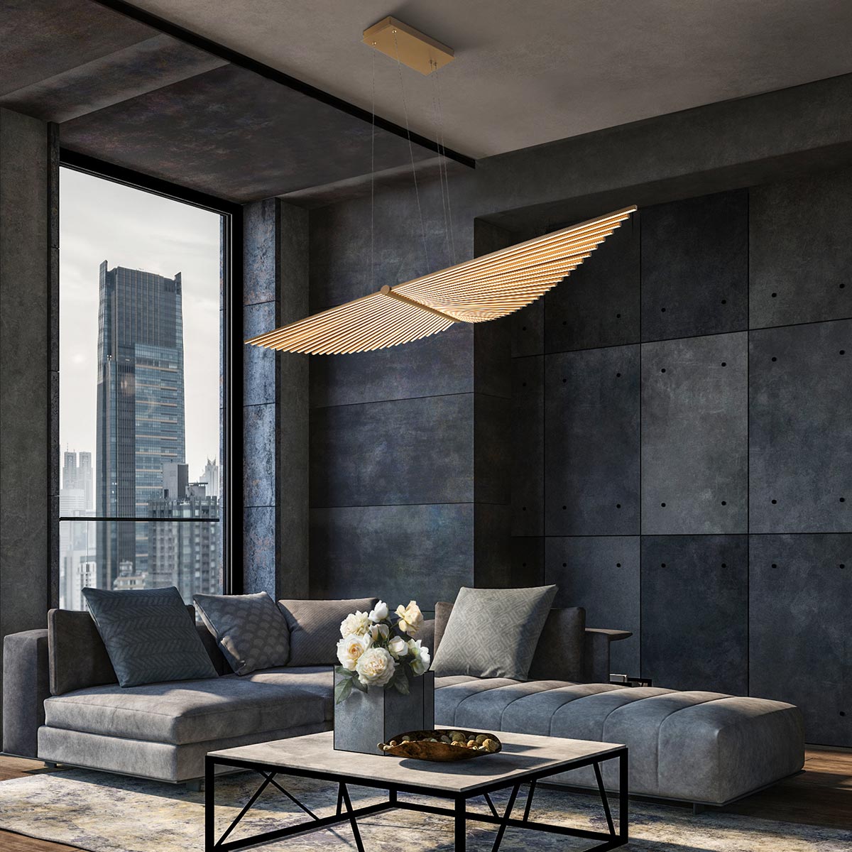 ŻYRANDOL w formie skrzydeł z matowo złotym wykończeniem, źródło światła LED, designerski styl, do salonu ŻYRANDOL w formie skrzydeł z matowo złotym wykończeniem, źródło światła LED, designerski styl, do salonu