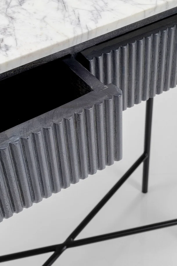 KONSOLA Glenn na metalowych nogach z drewnianym, ryflowanym korpusem i białym marmurowym blatem, nowoczesna-6 KONSOLA Glenn na metalowych nogach z drewnianym, ryflowanym korpusem i białym marmurowym blatem, nowoczesna-6