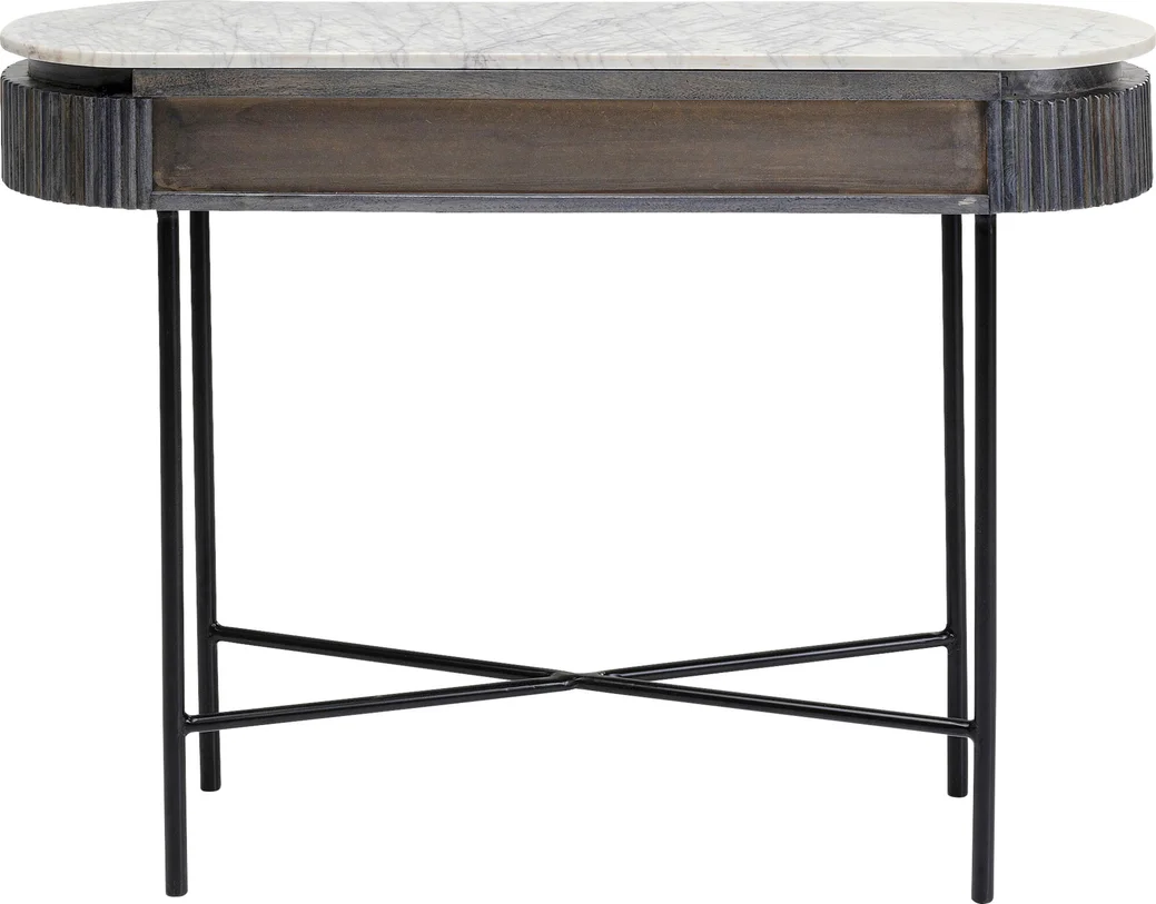 KONSOLA Glenn na metalowych nogach z drewnianym, ryflowanym korpusem i białym marmurowym blatem, nowoczesna, od tyłu KONSOLA Glenn na metalowych nogach z drewnianym, ryflowanym korpusem i białym marmurowym blatem, nowoczesna, od tyłu