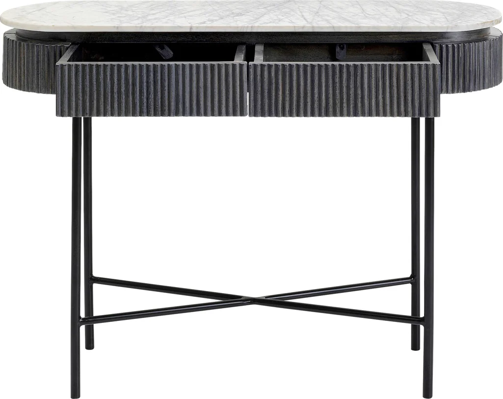 KONSOLA Glenn na metalowych nogach z drewnianym, ryflowanym korpusem i białym marmurowym blatem, nowoczesna, szuflady KONSOLA Glenn na metalowych nogach z drewnianym, ryflowanym korpusem i białym marmurowym blatem, nowoczesna, szuflady