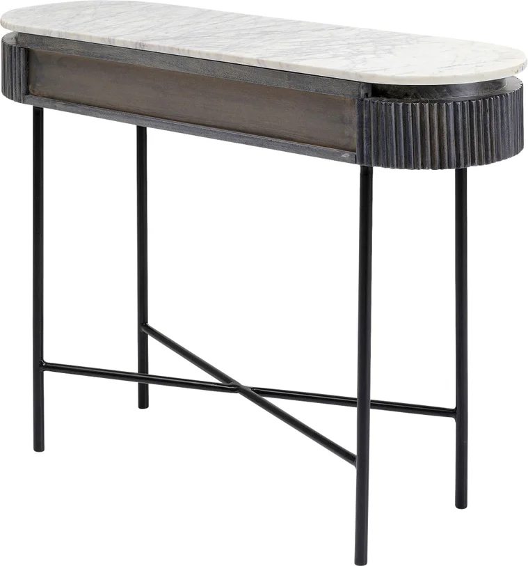 KONSOLA Glenn na metalowych nogach z drewnianym, ryflowanym korpusem i białym marmurowym blatem, nowoczesna, tył KONSOLA Glenn na metalowych nogach z drewnianym, ryflowanym korpusem i białym marmurowym blatem, nowoczesna, tył