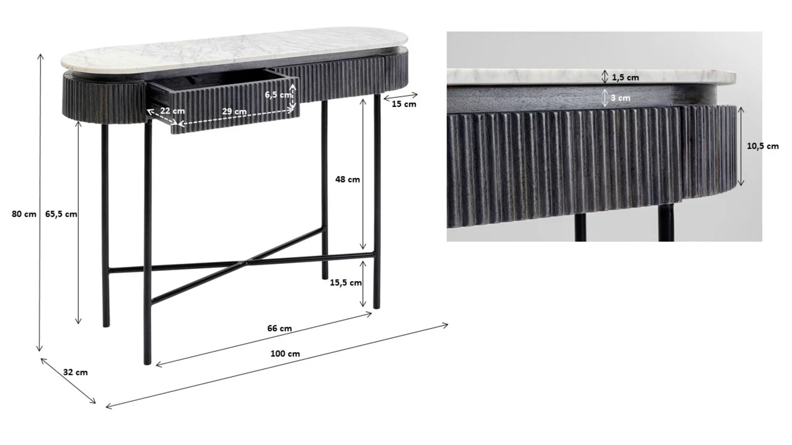 KONSOLA Glenn na metalowych nogach z drewnianym, ryflowanym korpusem i białym marmurowym blatem, nowoczesna, wymiary KONSOLA Glenn na metalowych nogach z drewnianym, ryflowanym korpusem i białym marmurowym blatem, nowoczesna, wymiary