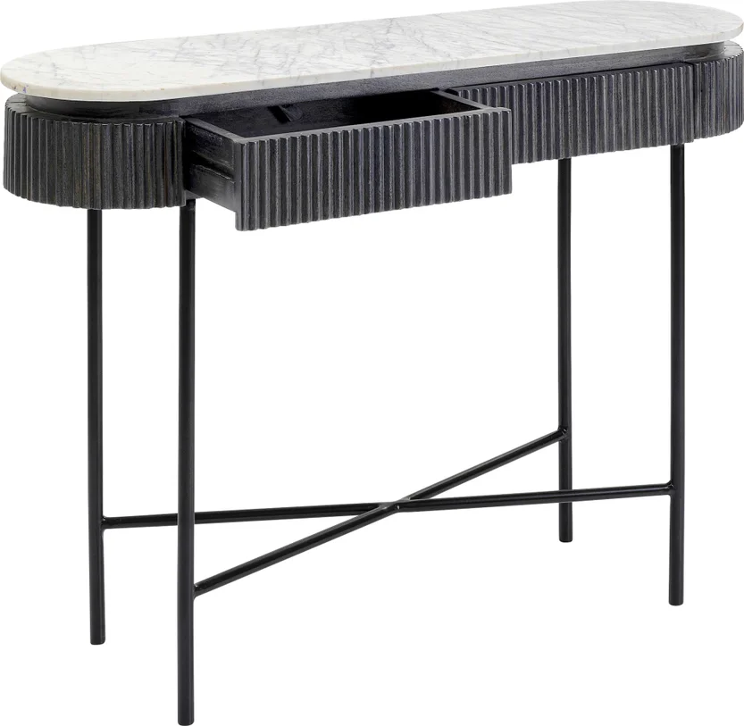 KONSOLA Glenn na metalowych nogach z drewnianym, ryflowanym korpusem i białym marmurowym blatem, nowoczesna, z szufladą KONSOLA Glenn na metalowych nogach z drewnianym, ryflowanym korpusem i białym marmurowym blatem, nowoczesna, z szufladą