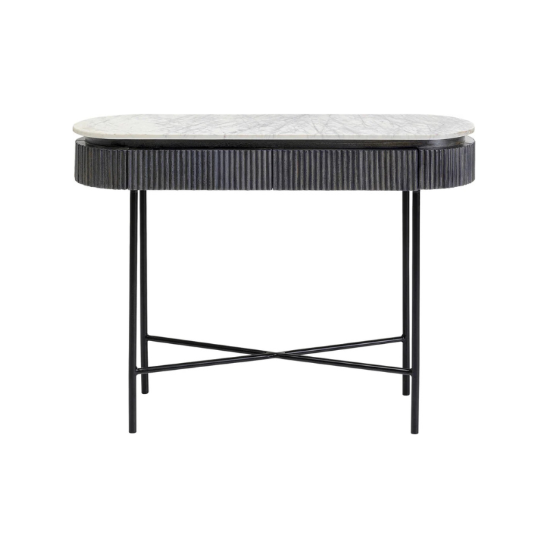 KONSOLA Glenn na metalowych nogach z drewnianym, ryflowanym korpusem i białym marmurowym blatem, nowoczesna KONSOLA Glenn na metalowych nogach z drewnianym, ryflowanym korpusem i białym marmurowym blatem, nowoczesna