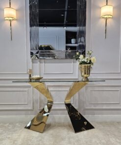 KONSOLA Gloria na złotych, metalowych nogach i szklanym blatem, nowoczesny styl