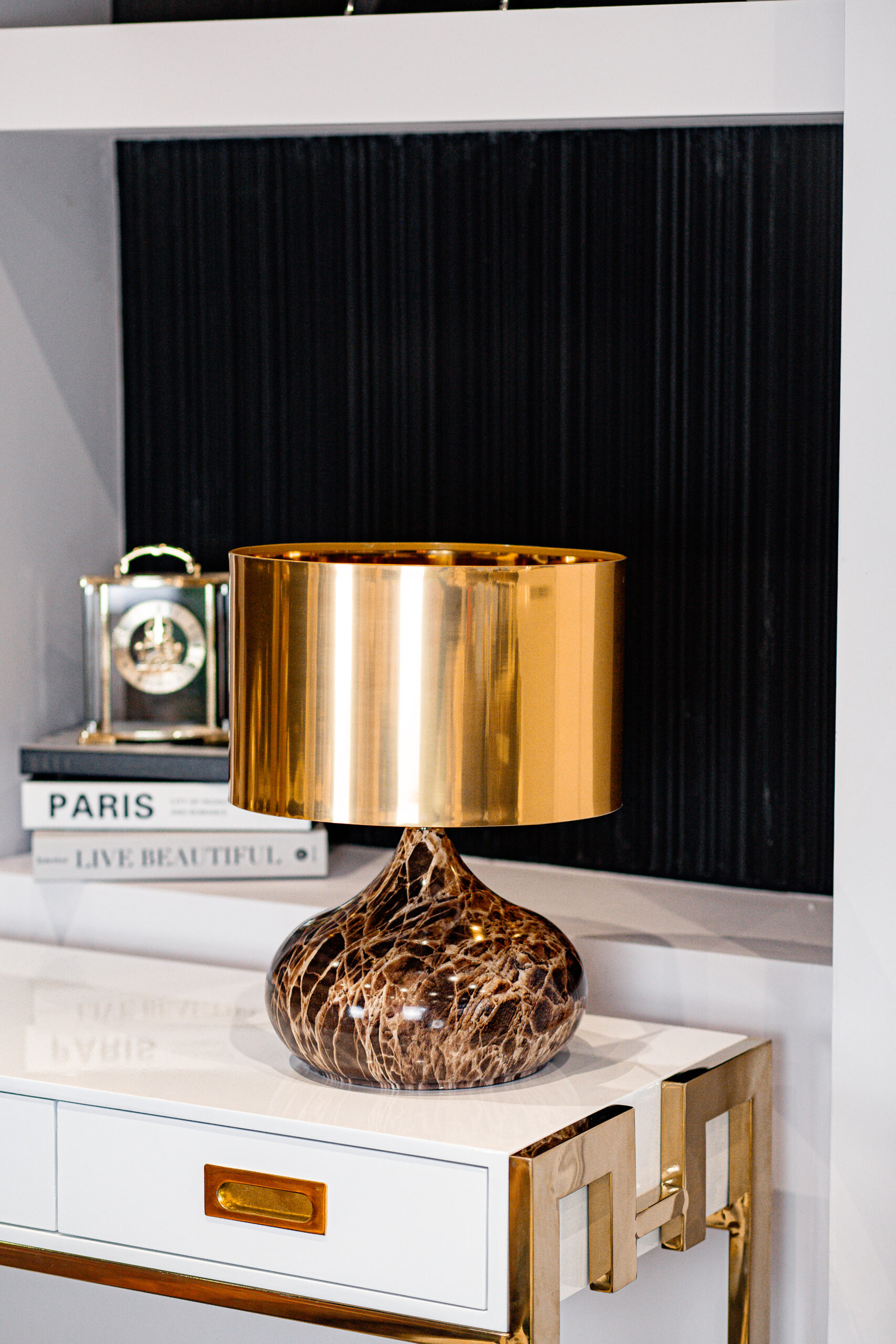 LAMPA STOŁOWA Mamo Deluxe brązowo-czarna ze złotym kloszem, nowoczesny styl