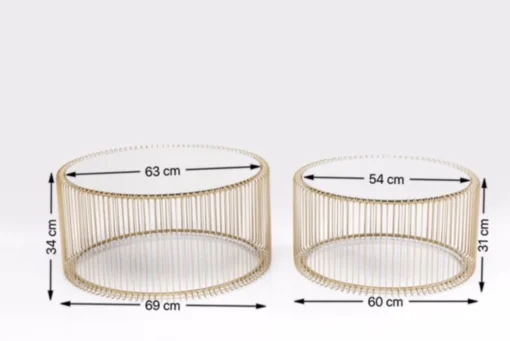 ZESTAW STOLIKÓW KAWOWYCH Wire, okrągłe, złote, lustrzane blaty, nowoczesny styl, wymiary