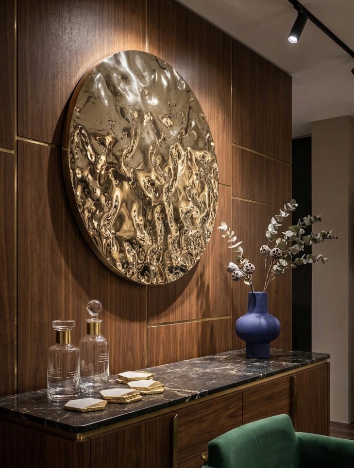 DEKORACJA ŚCIENNA metalowa, okrągła, złota, wyjątkowa faktura, nowoczesny styl, do salonu