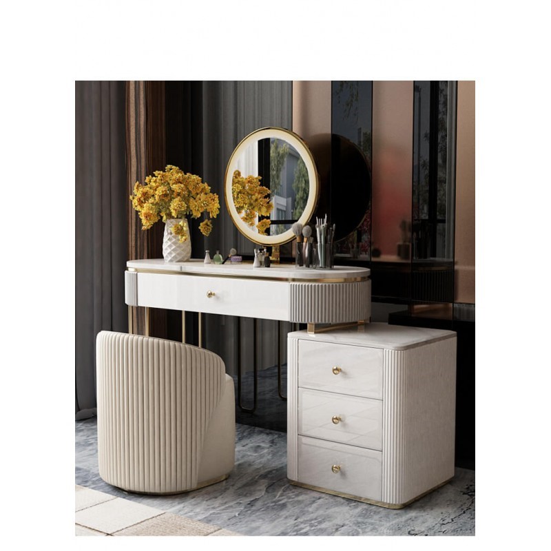 EKSKLUZYWNA TOALETKA Anne z fotelem, biała, ryflowane detale, blat ze spieku kamiennego, nowoczesny styl, wyjątkowa EKSKLUZYWNA TOALETKA Anne z fotelem, biała, ryflowane detale, blat ze spieku kamiennego, nowoczesny styl, wyjątkowa