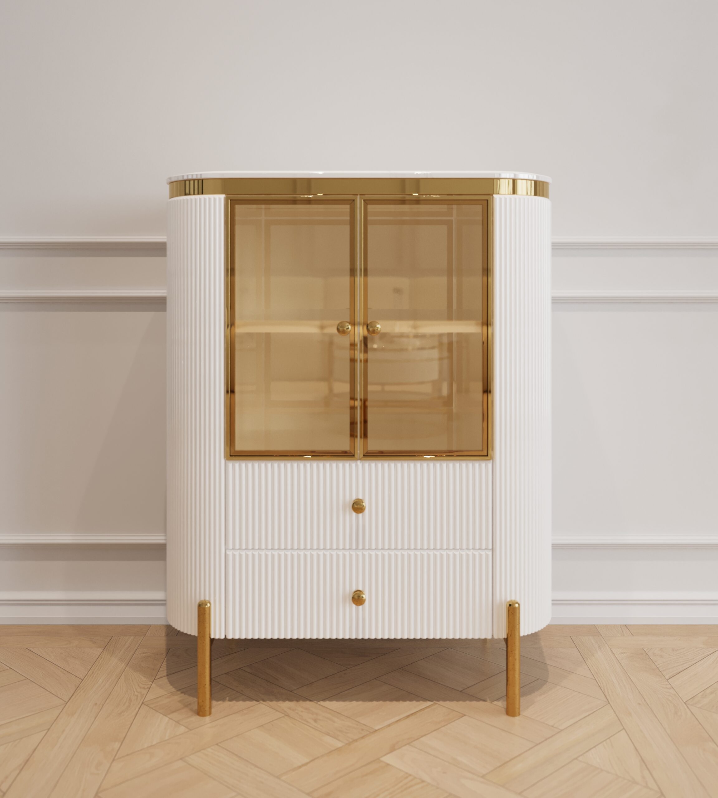 KOMODA Anne, witryna, szklane drzwi, 2-drzwiowa, biały, ryflowany korpus, złote detale, elegancka bursztynowa szyba, elegancka KOMODA Anne, witryna, szklane drzwi, 2-drzwiowa, biały, ryflowany korpus, złote detale, elegancka bursztynowa szyba, elegancka