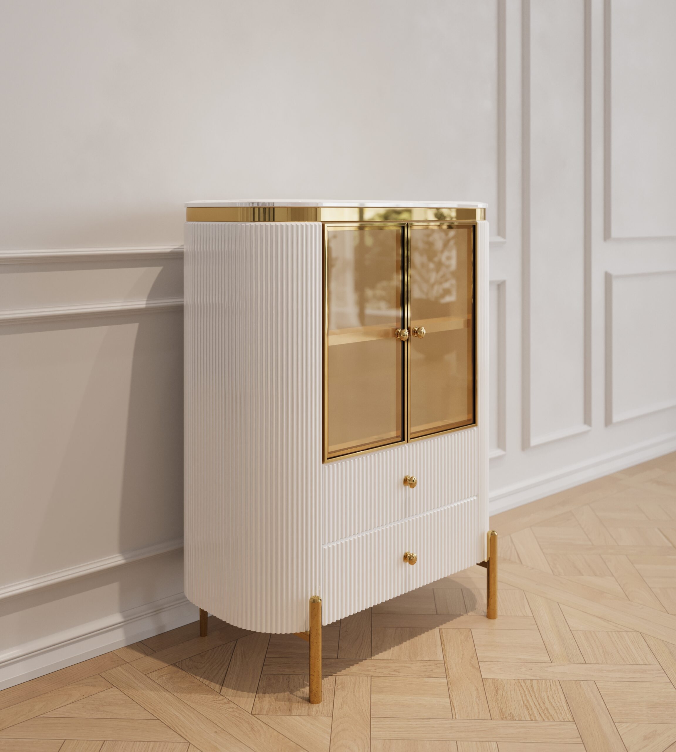 KOMODA Anne, witryna, szklane drzwi, 2-drzwiowa, biały, ryflowany korpus, złote detale, elegancka bursztynowa szyba, piękna KOMODA Anne, witryna, szklane drzwi, 2-drzwiowa, biały, ryflowany korpus, złote detale, elegancka bursztynowa szyba, piękna