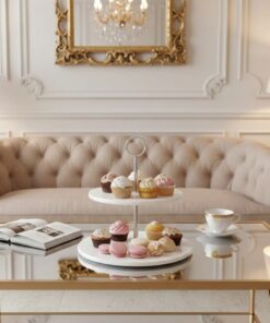 PATERA dwupiętrowa, z białymi marmurowymi taca na srebrnym stojaku, nowoczesny styl