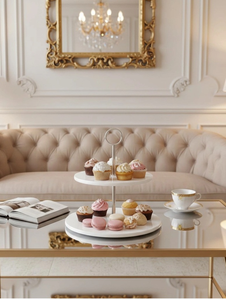 PATERA dwupiętrowa, z białymi marmurowymi taca na srebrnym stojaku, nowoczesny styl