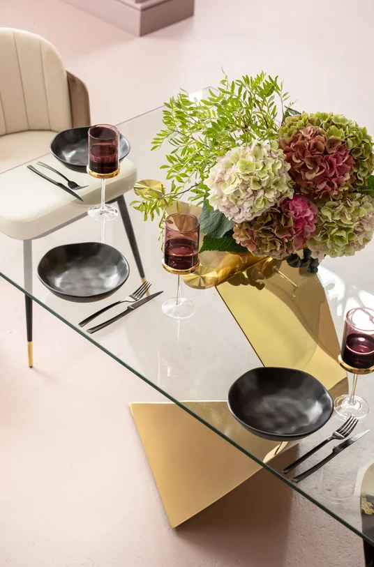 STÓŁ JADALNIANY Gloria, szklany prostokątny blat na złotych metalowych nogach, designerski styl-2 STÓŁ JADALNIANY Gloria, szklany prostokątny blat na złotych metalowych nogach, designerski styl-2