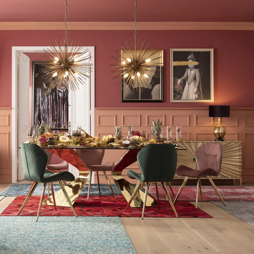 STÓŁ JADALNIANY Gloria, szklany prostokątny blat na złotych metalowych nogach, designerski styl-4 STÓŁ JADALNIANY Gloria, szklany prostokątny blat na złotych metalowych nogach, designerski styl-4