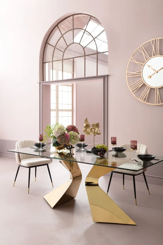 STÓŁ JADALNIANY Gloria, szklany prostokątny blat na złotych metalowych nogach, designerski styl, stylowy STÓŁ JADALNIANY Gloria, szklany prostokątny blat na złotych metalowych nogach, designerski styl, stylowy