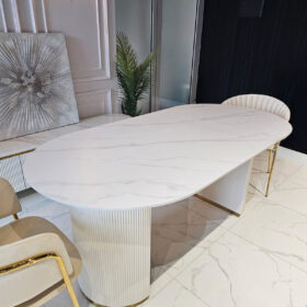 STÓŁ owalny na dwóch nogach, biały z złotymi detalami, nowoczesny, wersja premium, piękny