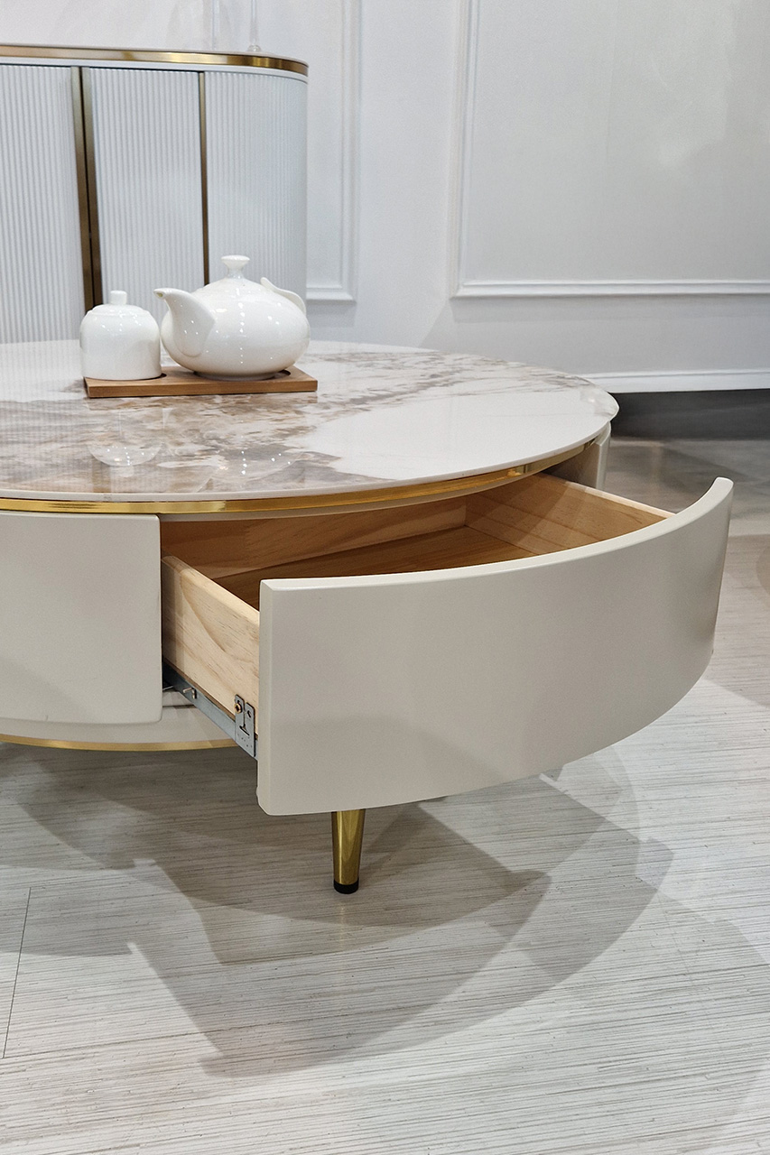 STOLIK KAWOWY okrągły, kaszmirowy na złotych nogach, blat ze spieku kwarcowego, nowoczesny glamour, ekskluzywny STOLIK KAWOWY okrągły, kaszmirowy na złotych nogach, blat ze spieku kwarcowego, nowoczesny glamour, ekskluzywny