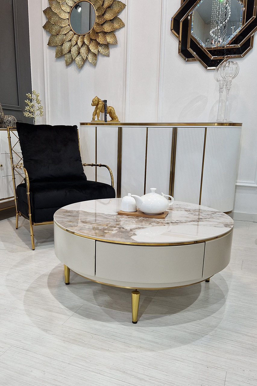 STOLIK KAWOWY okrągły, kaszmirowy na złotych nogach, blat ze spieku kwarcowego, nowoczesny glamour, piękny STOLIK KAWOWY okrągły, kaszmirowy na złotych nogach, blat ze spieku kwarcowego, nowoczesny glamour, piękny