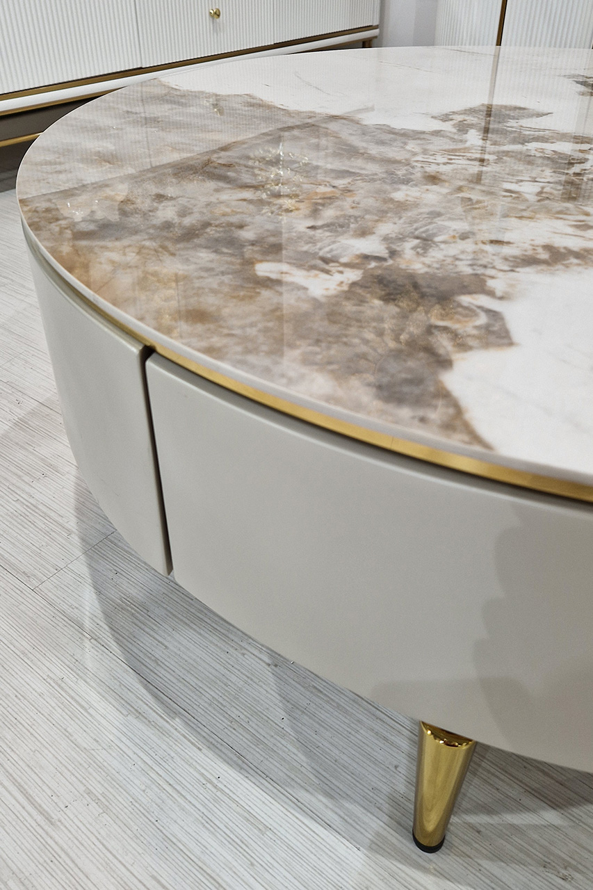 STOLIK KAWOWY okrągły, kaszmirowy na złotych nogach, blat ze spieku kwarcowego, nowoczesny glamour, wyjątkowy STOLIK KAWOWY okrągły, kaszmirowy na złotych nogach, blat ze spieku kwarcowego, nowoczesny glamour, wyjątkowy