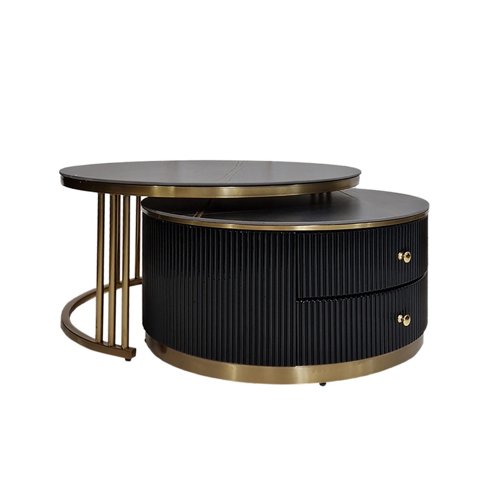 STOLIK KAWOWY podwójny, czarny ryflowany korpus, złote metalowe detale, blat ze spieku kwarcowego, nowoczesny STOLIK KAWOWY podwójny, czarny ryflowany korpus, złote metalowe detale, blat ze spieku kwarcowego, nowoczesny